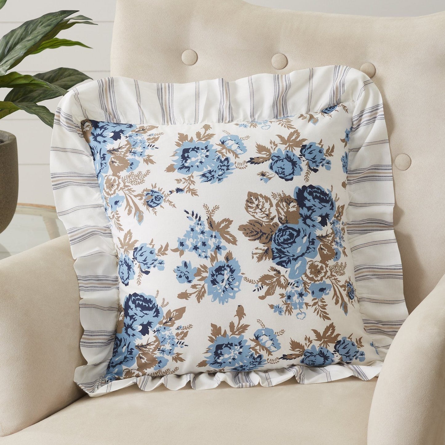 Annie Blue Floral Ruffled Pillow 18" Filled