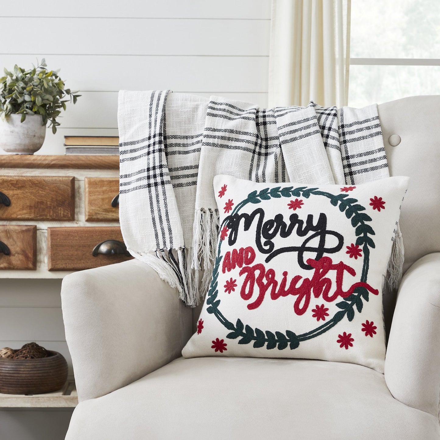 Black Plaid Merry & Bright Pillow 18" Filled