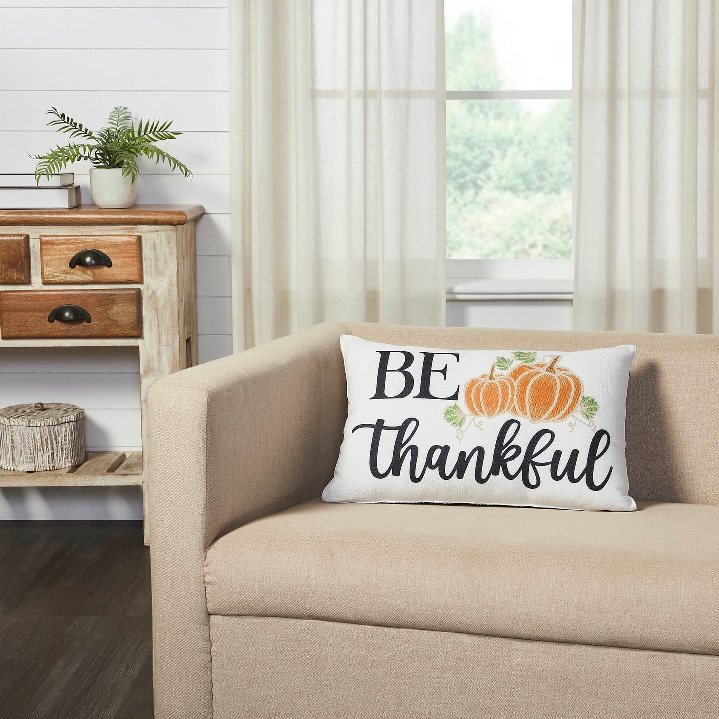 Annie Black Buffalo Check "Be Thankful" Pumpkin Pillow 14x22"