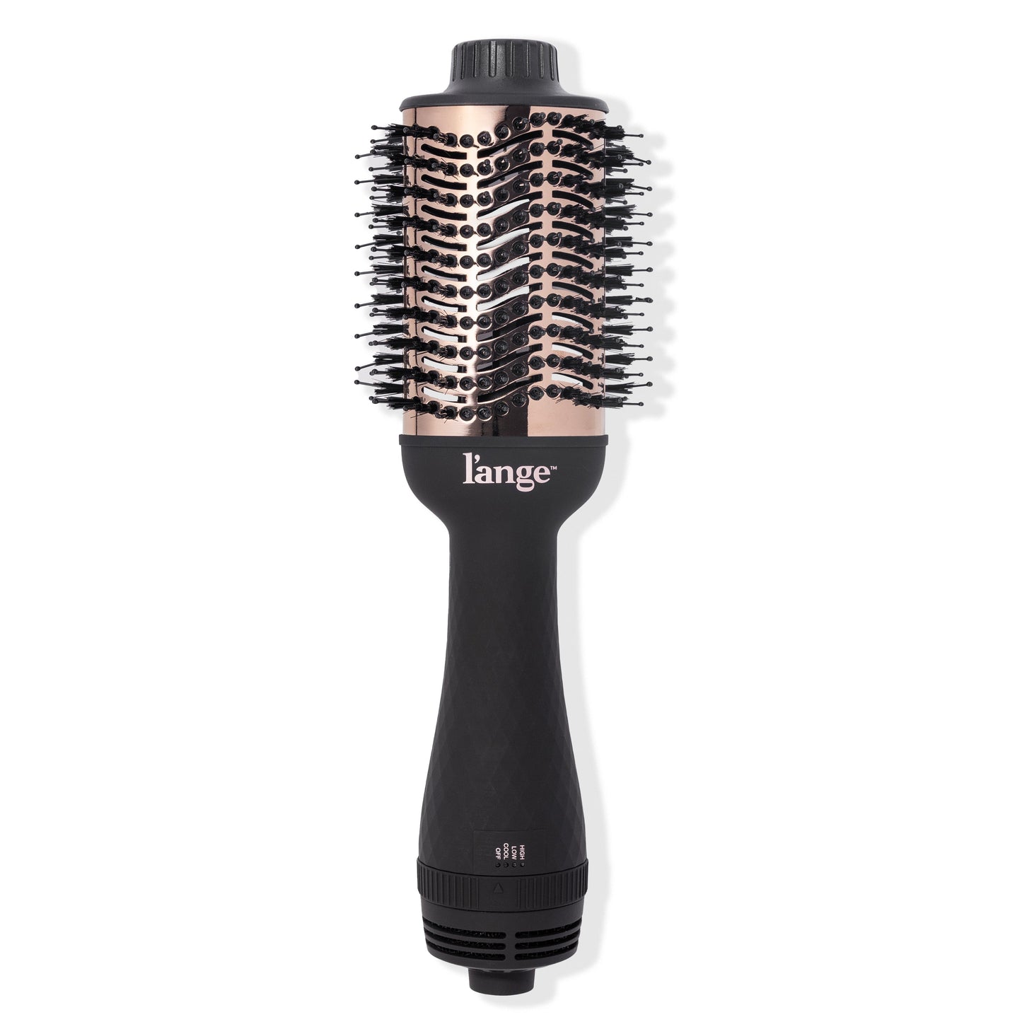 Black 75mm titanium brush dryer with black bristles, cool tip with blush LĄŻange logo